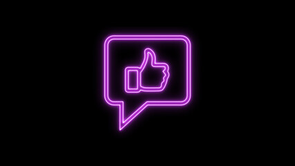 Vibrant purple neon glowing thumbs up icon in a sleek speech bubble outline, symbolizing approval, positive feedback, social media, digital agreement, and modern online communication on a dark black