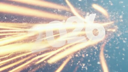 The year 2026 in bold white font with streaks of light on a blue background - Powered by Adobe