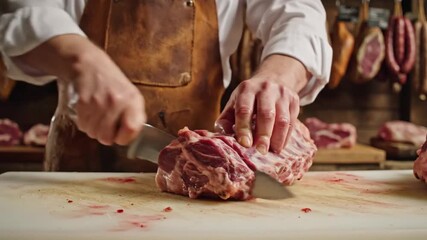Chef hands cut fresh red meat with knife on rustic wooden cutting board professional butchery food preparation culinary arts closeup