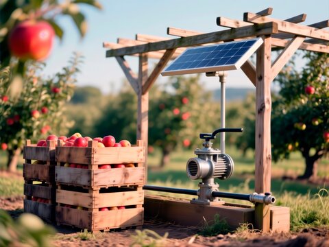 Solar powered water pump system in apple orchard near wooden crates of fruit.