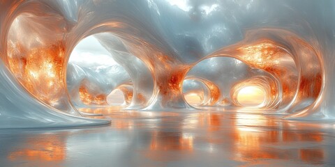 A captivating abstract landscape featuring an oceanic scene rendered with warm hues and soft lighting. Evokes a sense of tranquility and wonder.