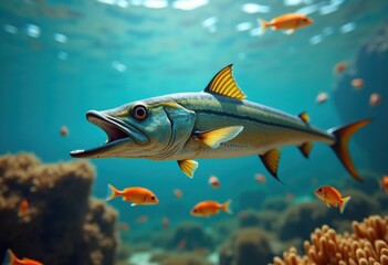 Fototapeta premium Barracuda Pursuit in Bright Tropical Waters Showcasing Coral Reef Activity