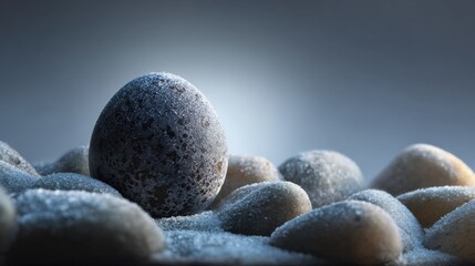 Mysterious speckled egg on frosty pebbles in calm winter light for nature design,Penguin Awareness Day