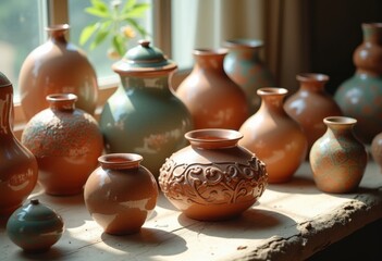 Elegant Glazed Ceramics in Artistic Showcase of Colorful Clay Creations Captivating Light