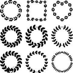 Collection of hand drawn decorative floral and leafy wreaths and borders