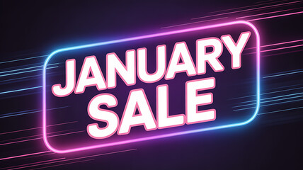 Neon sign style january sale advertisement with glowing pink and blue border on dark background