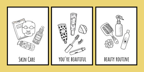 Skin care poster templates set in line style. Business marketing salon ads. Skincare and healthy skin concept. For card, banner, invitation	