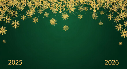 Golden snowflake decorations on a green background with 2025 and 2026 years. Symbolic of holiday season, winter, and anticipation for upcoming year