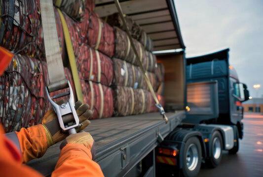 Worker hands tightening ratchet strap to secure cargo bales on flatbed truck.