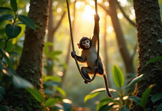Energetic Monkey Swinging between Unique Exotic Trees Lively Wide Jungle
