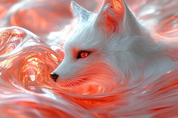 Obraz premium A captivating image of a white fox with striking red eyes, cautiously emerging from a dynamic swirl of vibrant red liquid. The composition evokes a sense of mystery and intrigue.