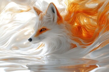 Obraz premium A vibrant fox with a fiery orange mane gracefully swims through clear water. The scene captures the animal's agility and beauty in an aquatic setting.