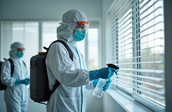 Team in protective hazmat suits disinfects contaminated office space. Woman in mask sprays sanitizer on window blinds. Sanitation workers clean room during pandemic for public health, safety, virus - Powered by Adobe