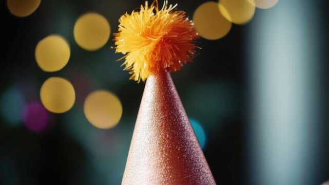 Video A colorful party hat with a bright yellow pom pom on top, perfect for birthday celebrations or costume parties