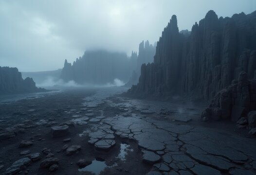 Granite-like Volcanic Basalt Rock Mass Stark Monochrome Landscape Geological Formations