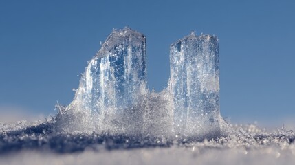 Close-up of sparkling ice crystals on snowy surface under clear blue sky