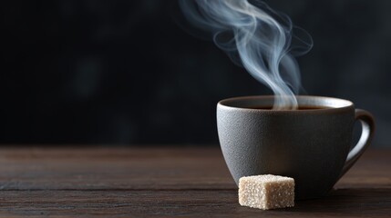 coffee still life, a steaming cup of coffee and a stylized sugar cube, dramatically lit and sharply focused