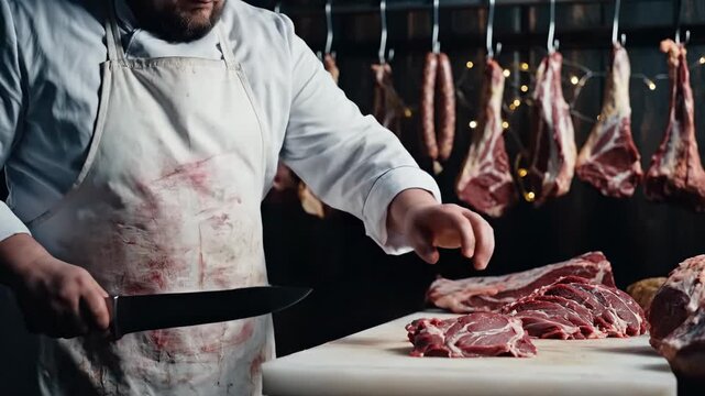 Professional butcher preparing fresh raw meat in a traditional setting with various cuts hanging in the background