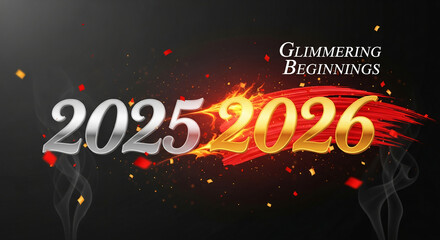 Image with silver 2025 and gold 2026 digits over a black background with confetti and smoke, representing a transition or celebration