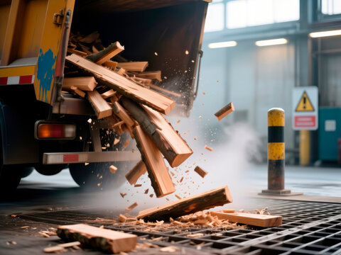 Wood waste offcuts unloaded from a truck for biomass fuel processing.