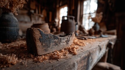 Rustic woodworking bench displays worn tool surrounded by wood shavings in dimly lit interior
