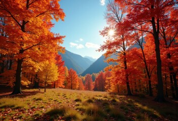 Fototapeta premium Vibrant Autumn Foliage Against Clear Blue Sky Capturing Nature's Colorful Transformation
