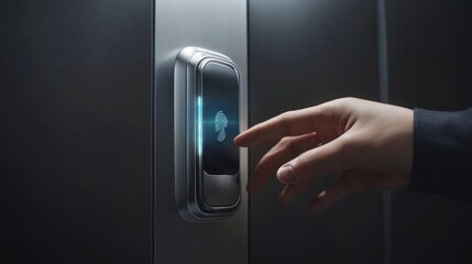 Hand reaching to activate modern fingerprint scanner on smart door lock