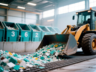 Yellow front loader scooping shredded plastic inside a recycling facility.