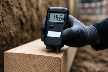 Gloved hand holding a digital moisture meter against a wooden beam for inspection. Space for text.