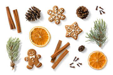 Collection of natural winter and Christmas elements, including dried orange slices, cinnamon...