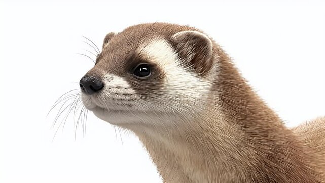 Adorable weasel portrait on a white background, close-up shot.