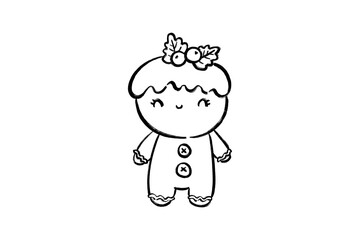 Hand-Drawn Christmas Clipart Cute gingerbread man with holly berries Christmas holiday cartoon line art drawing isolated on transparent background