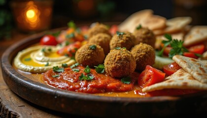 Delicious Middle Eastern mezze platter with golden falafel balls. Creamy hummus, vibrant red spicy sauce, fresh green parsley, juicy ripe tomatoes served on rustic wooden board. Warm pita bread