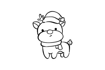 Hand-Drawn Christmas Clipart Cute cartoon reindeer wearing Santa hat and scarf, isolated on white transparent background