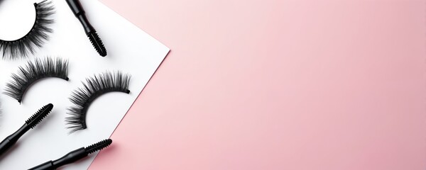 False lashes and mascara brushes arranged on a pink and white surface. Glamorous eye makeup accessories for beauty. Eyelash extension tools.
