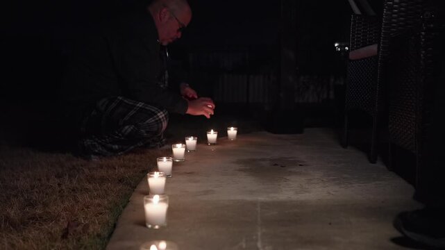 man lighting row of white votive candles for d&iacute;a de las velitas