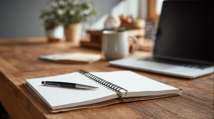 &ldquo;An open notebook rests on a wooden office desk beside a pen and laptop, creating a clean, organized workspace ideal for writing, planning, or studying.&rdquo;