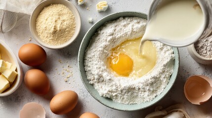 Baking ingredients and preparation with eggs, milk, and flour in a bowl for homemade cooking