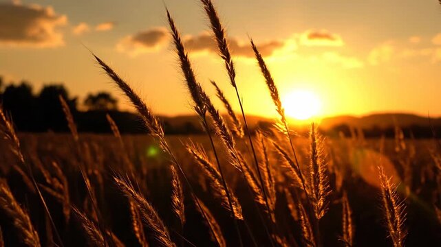 Golden field grass at sunset warm glow nature landscape evening sky peaceful rural scene