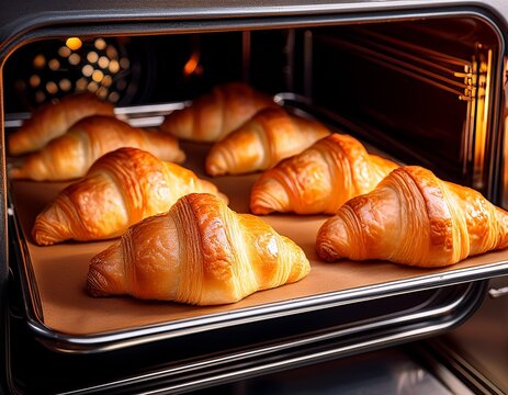 golden croissants baking in oven on metal tray