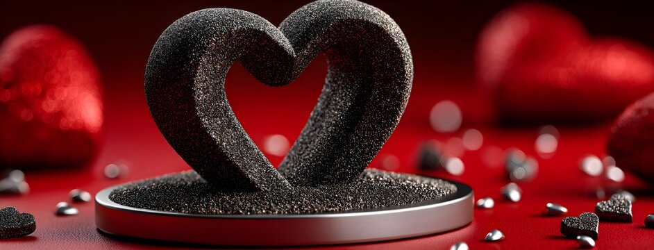 Stunning dark textured heart sculpture rests on a shiny base surrounded by vibrant red romance and glittering accents - Powered by Adobe