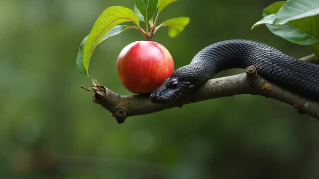 A black snake on a tree limb holding an apple fruit 
