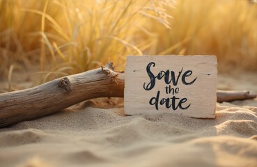 Wooden sign with Save date written sits in soft beach sand. Dry yellow grass, old driftwood near board. Golden hour sun light shines on natural scene. Personal reminder for future important event