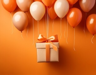 present hanging from balloons in orange shades