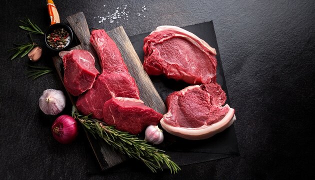 raw beef and lamb cuts preparing for cooking on dark background