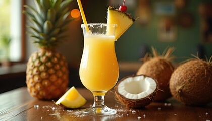 Yellow pina colada cocktail served with pineapple slice garnish. Whole pineapples and coconuts are nearby on wooden table. Tropical drink is refreshing.