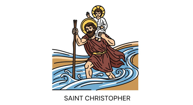 Vibrant illustration of Saint Christopher carrying child across water, a timeless symbol of faith and protection for spiritual projects and religious education materials