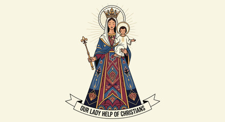 Our Lady Help of Christians with Child Illustration for Devotional Projects and Catholic Resources, Ideal for Religious Education and Faith-Based Designs, Beautiful Marian Art