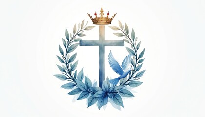 Christian symbols of cross, crown, and dove are arranged with blue foliage. Religious illustration in watercolor style. Faith and spirituality concept graphic.