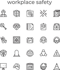 Work Safety web icons in line style. Protection, risk management, workplace security, insurance, health, hazard, helmet.
